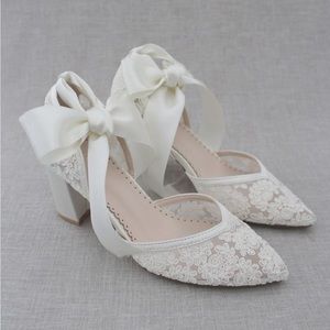 Ivory Crochet Lace Almond Toe Block Heel with Ankle Tie